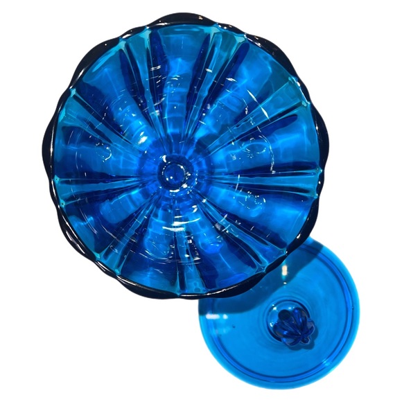 Vintage LE Smith Blue Glass Covered Pedestal Compote Candy Dish w/ Lid 10” EUC - Picture 13 of 14